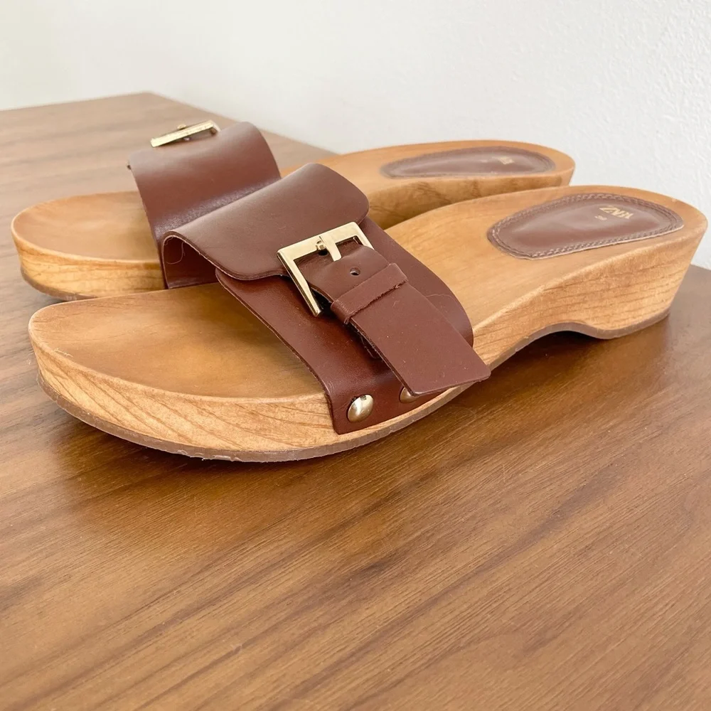 Zara flat leather sandals with wood effect soles cognac brown leather upper - Picture 1 of 11